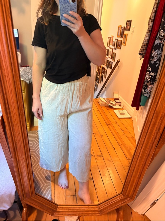 Emery Rose Pants - Women's Cream Elastic-Waist Wide-Leg Linen Blend cropped length